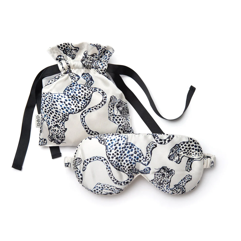 Leopard print silk eye mask with matching drawstring pouch